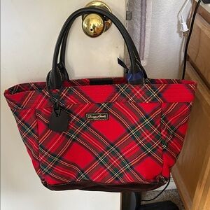 Dooney and Bourke Red Plaid Tote with Black Handles